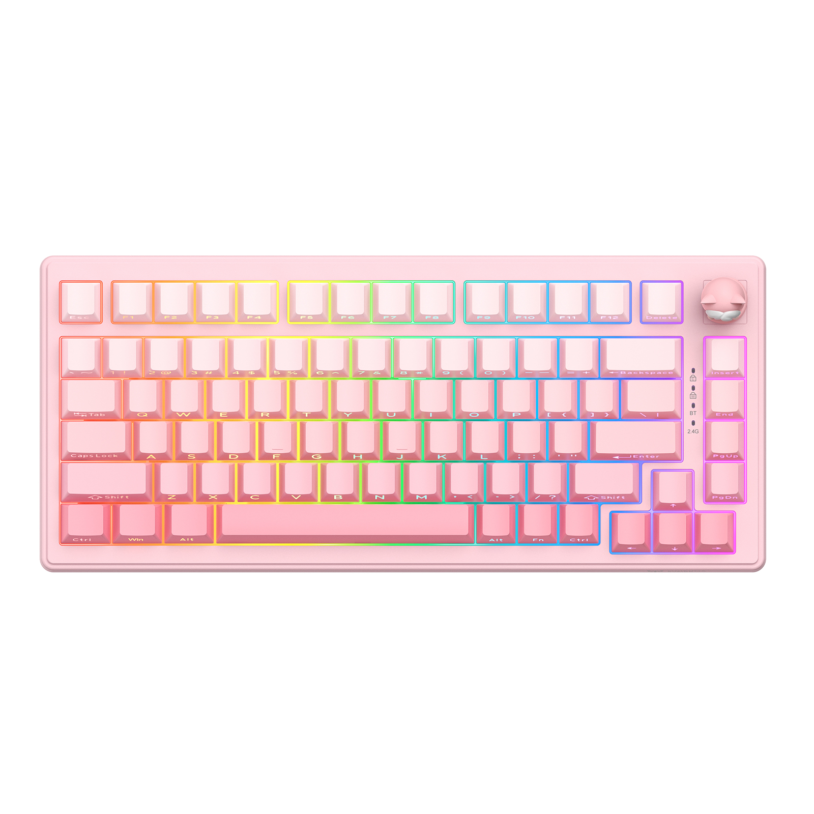 ONIKUMA MT707 Tri-Mode Wireless Mechanical Keyboard (2.4GHz / Bluetooth / Wired) with Kawaii Cat Head Rotary Knob, 75% Layout, and RGB Backlighting for PC & Mac (Pink/Purple/Yellow)