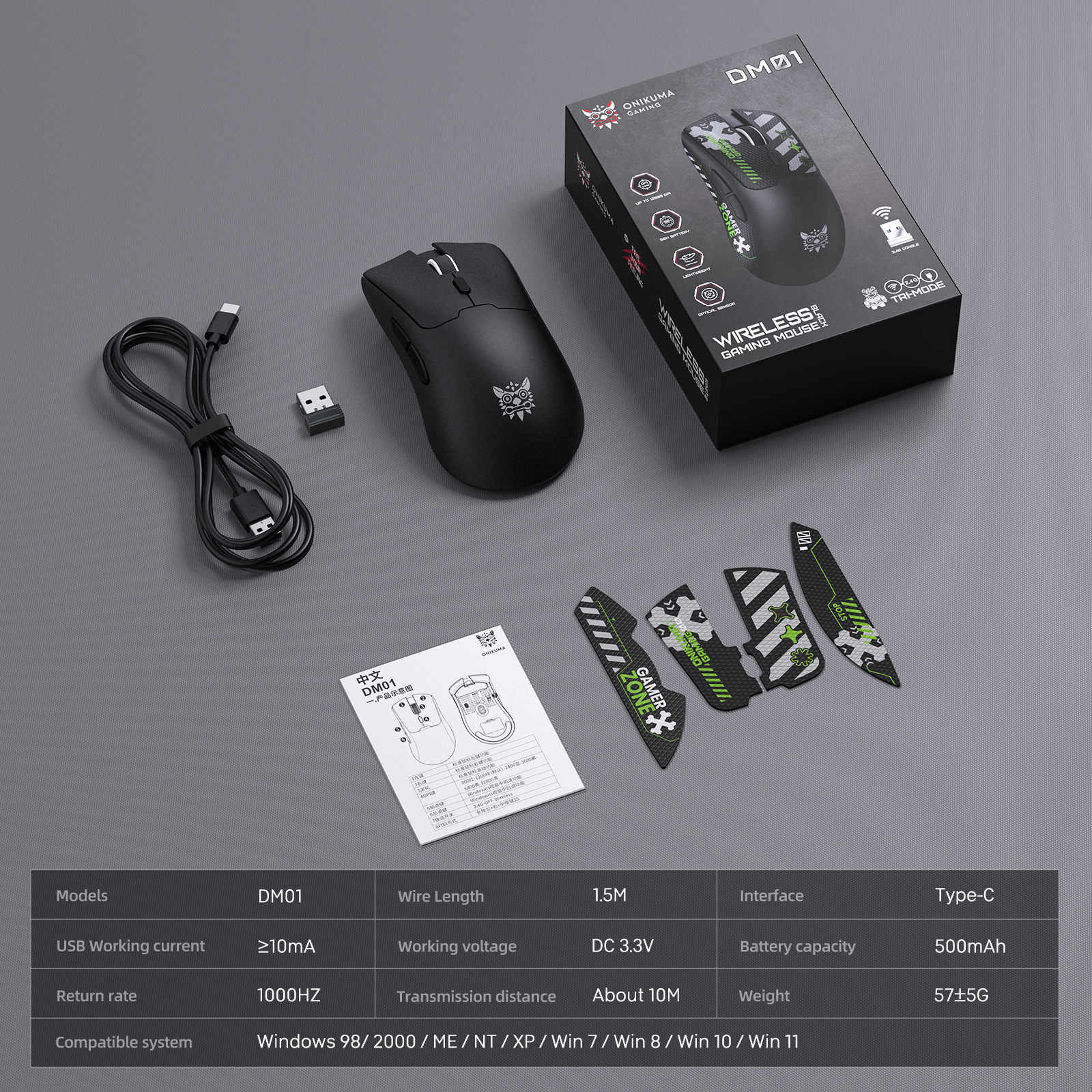 ONIKUMA DM01 Wireless Gaming Mouse with Cyber-Tech Graphics, 2.4GHz Nano Receiver, and Textured Ergonomic Grip for PC & Mac (Black/White Edition) - Image 21