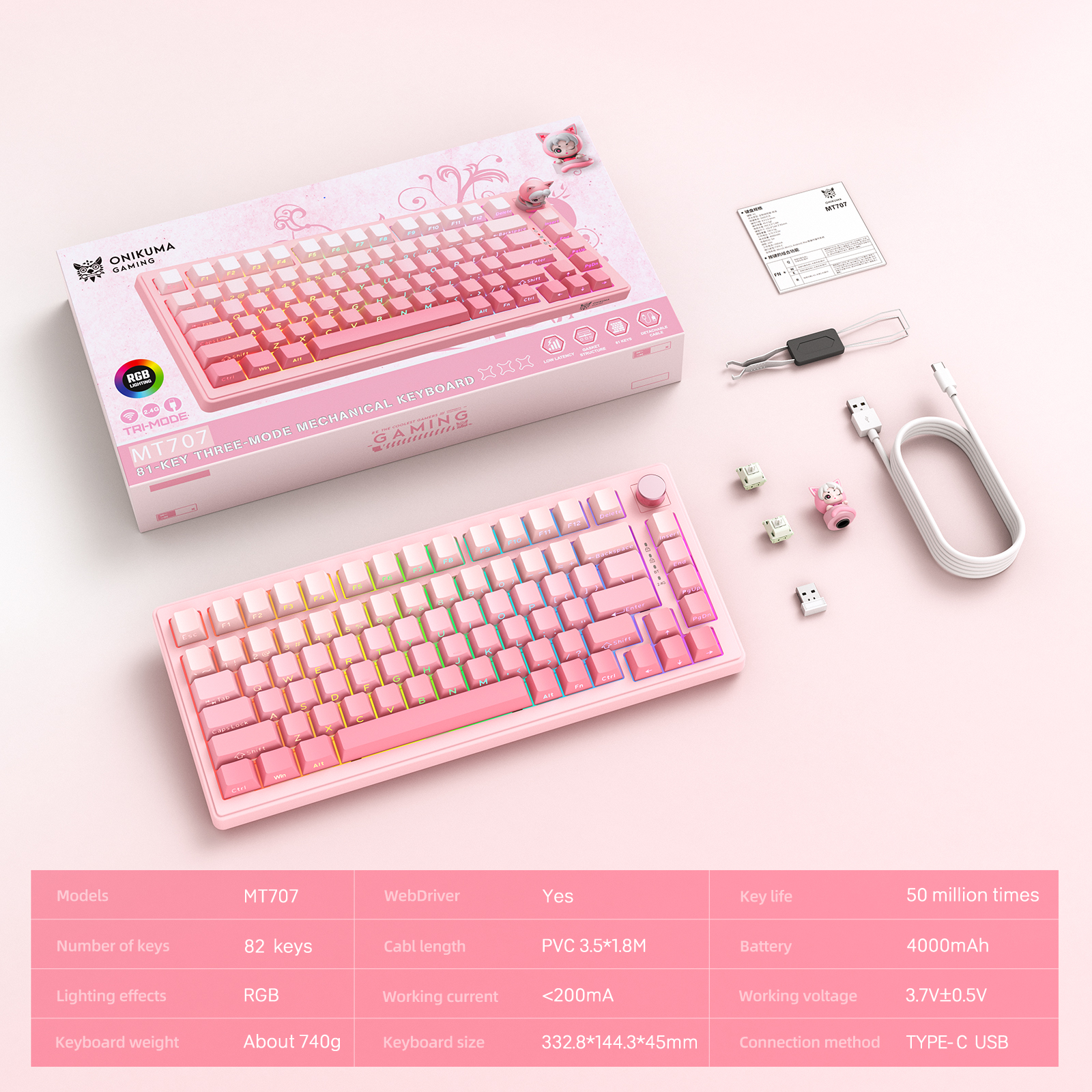 ONIKUMA MT707 Tri-Mode Wireless Mechanical Keyboard (2.4GHz / Bluetooth / Wired) with Kawaii Cat Head Rotary Knob, 75% Layout, and RGB Backlighting for PC & Mac (Pink/Purple/Yellow) - Image 24
