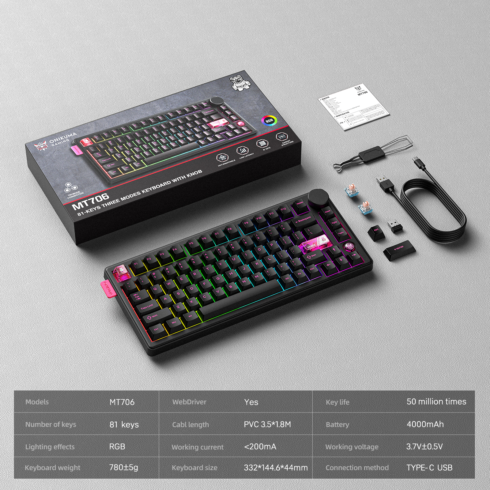 ONIKUMA MT706 Tri-Mode Wireless Mechanical Keyboard (2.4GHz / Bluetooth / Wired) with Multimedia Knob, Transparent Cyber Accent Keys, and 75% Layout for PC & Mac (Black/White) - Image 19