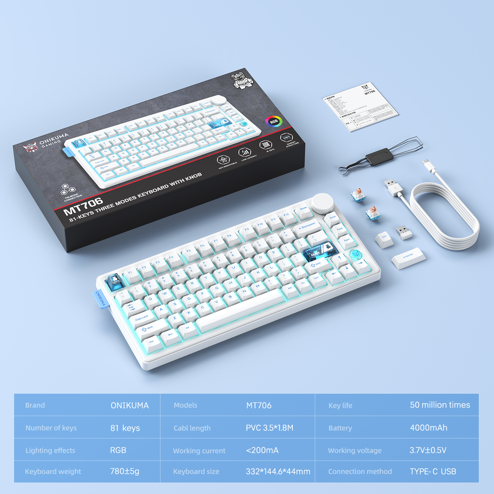 ONIKUMA MT706 Tri-Mode Wireless Mechanical Keyboard (2.4GHz / Bluetooth / Wired) with Multimedia Knob, Transparent Cyber Accent Keys, and 75% Layout for PC & Mac (Black/White) - Image 26
