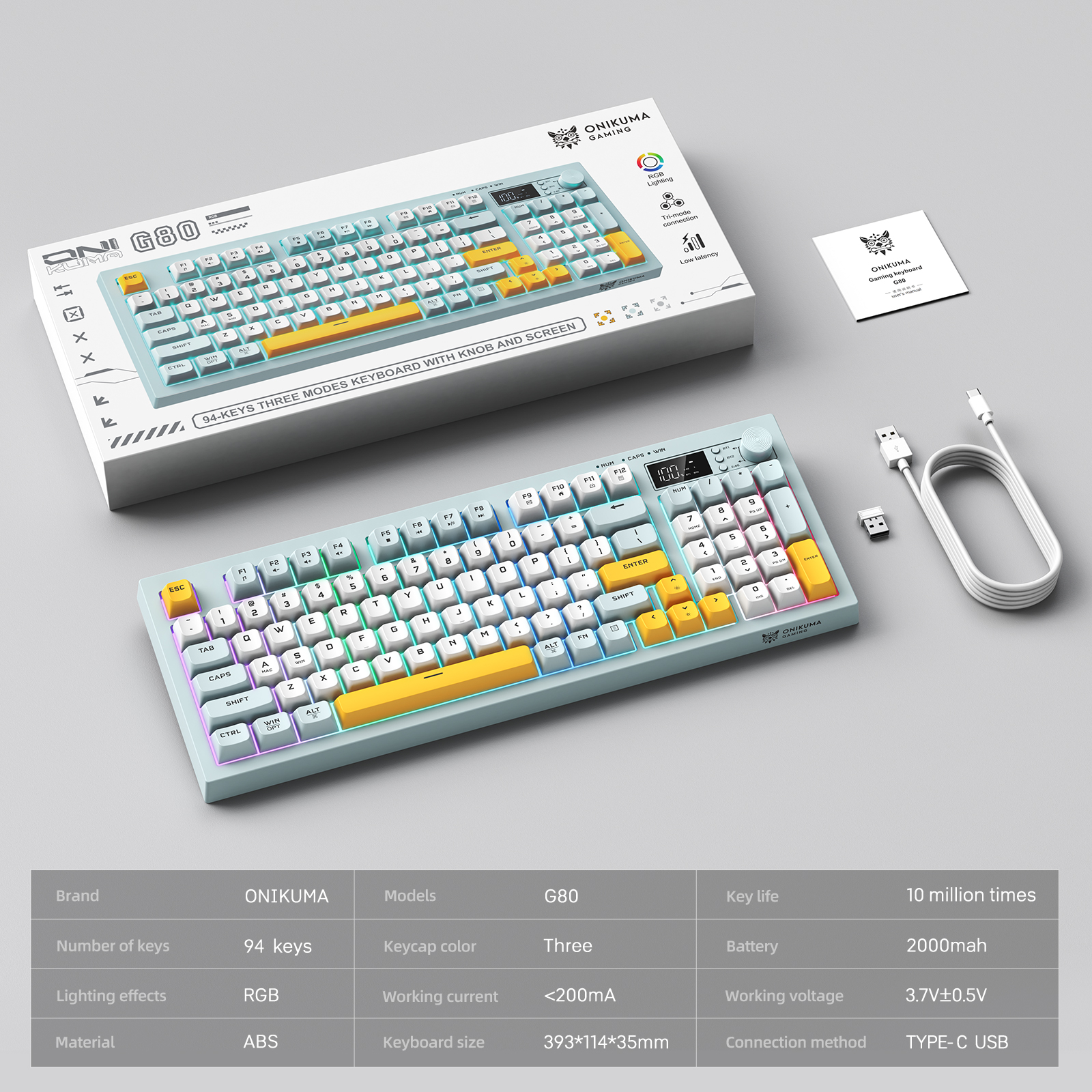 ONIKUMA G80 Tri-Mode Wireless Mechanical Keyboard (2.4GHz / Bluetooth / Wired) with Smart LCD Display, Multimedia Knob, and Compact Full-Size Layout for PC & Mac (Grayish Blue) - Image 13