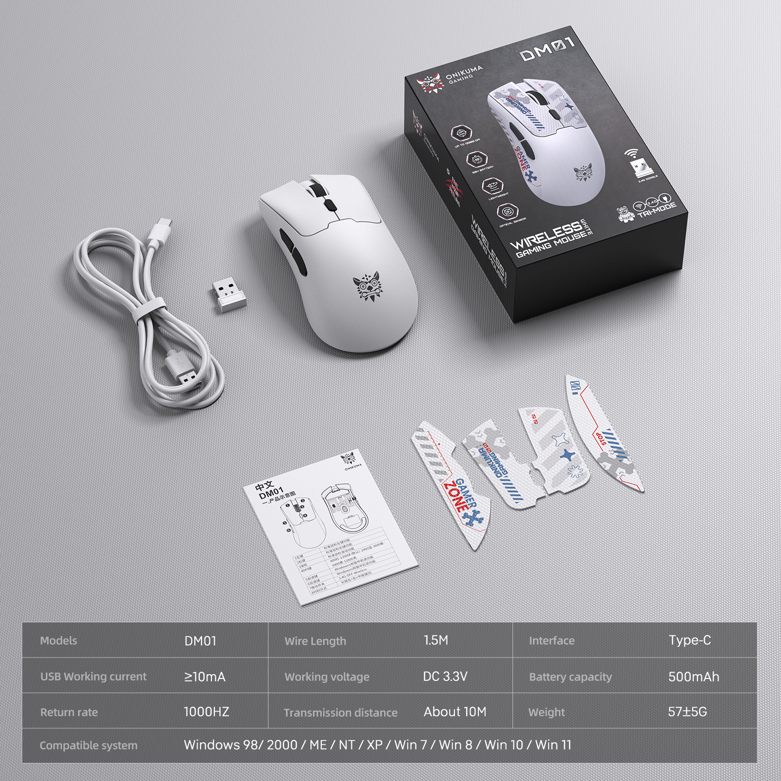 ONIKUMA DM01 Wireless Gaming Mouse with Cyber-Tech Graphics, 2.4GHz Nano Receiver, and Textured Ergonomic Grip for PC & Mac (Black/White Edition) - Image 28
