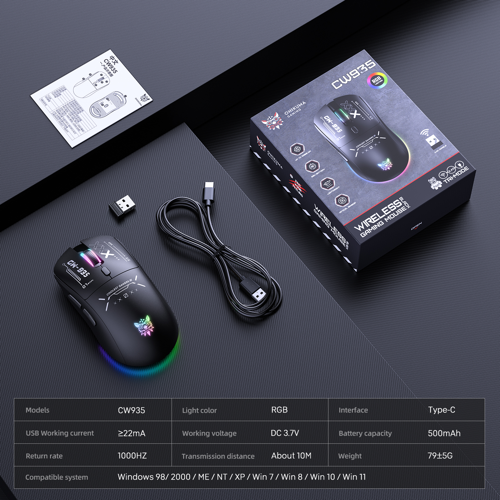 ONIKUMA CW935 Tri-Mode Wireless Gaming Mouse (2.4GHz / Bluetooth / Wired) with Dynamic RGB Underglow, Cyberpunk Graphics, and 6 Programmable Buttons for PC, Mac & Mobile (Black) - Image 15