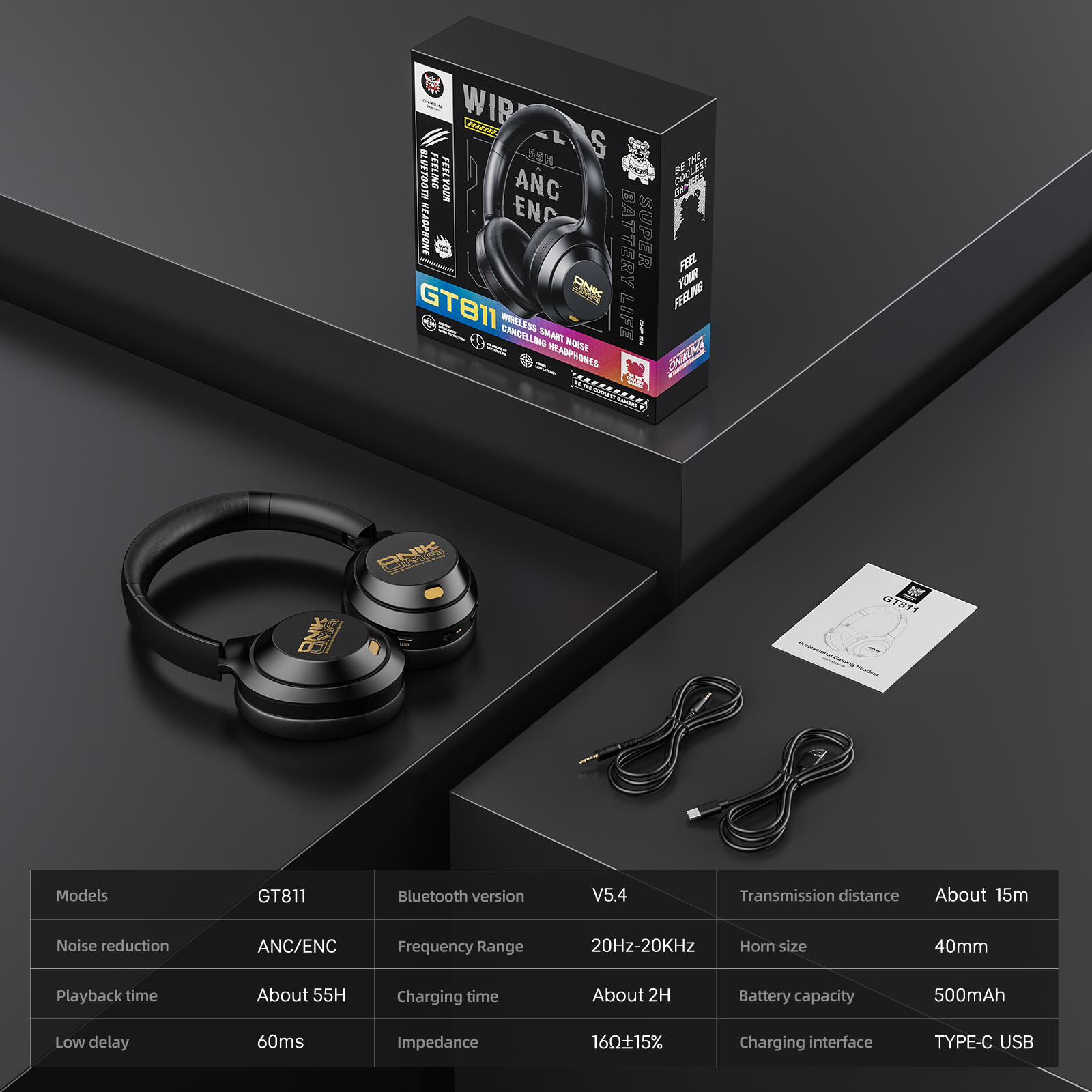 ONIKUMA GT811 Premium Wireless Gaming Headset with Stealth Microphone, Plush Leatherette Ear Cushions, and Gold Accents for PC, Mac & Mobile (Matte Black) - Image 12