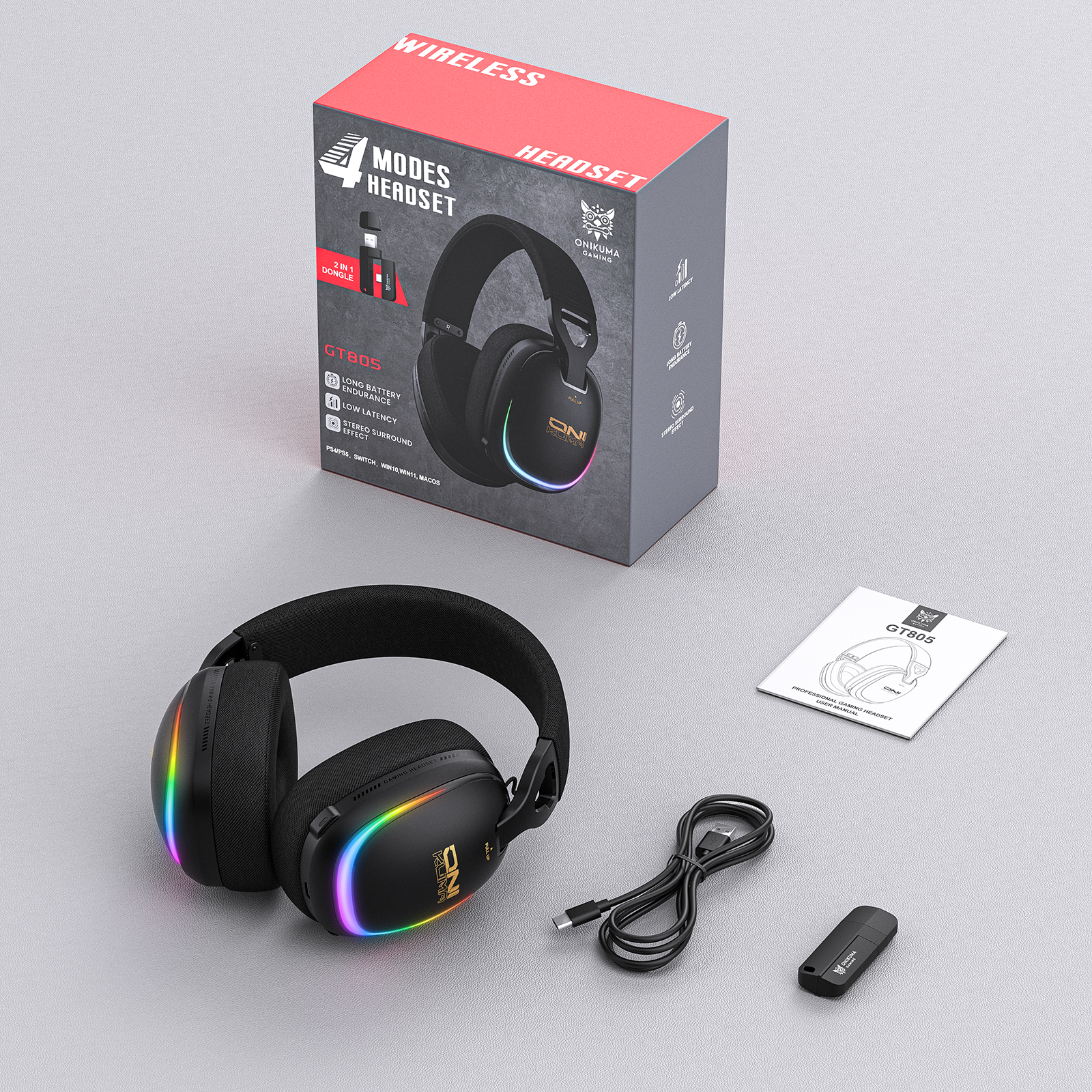 ONIKUMA GT805 Wireless Gaming Headset with Breathable Fabric Mesh, 2.4GHz Dual USB-C/USB-A Receiver, Stealth Mic, and RGB Lighting for PC, PS5, Mac & Mobile - Image 5