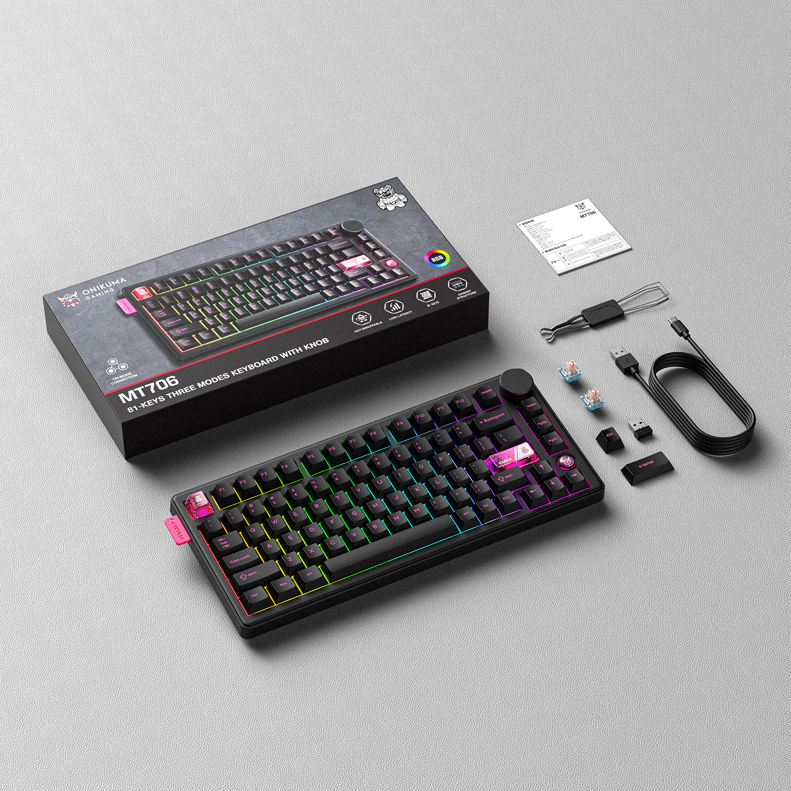 ONIKUMA MT706 Tri-Mode Wireless Mechanical Keyboard (2.4GHz / Bluetooth / Wired) with Multimedia Knob, Transparent Cyber Accent Keys, and 75% Layout for PC & Mac (Black/White) - Image 6