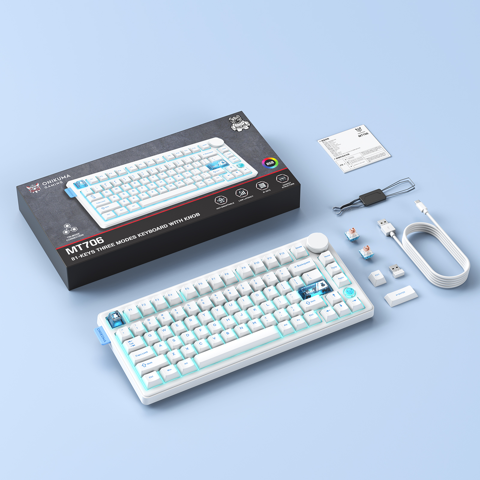 ONIKUMA MT706 Tri-Mode Wireless Mechanical Keyboard (2.4GHz / Bluetooth / Wired) with Multimedia Knob, Transparent Cyber Accent Keys, and 75% Layout for PC & Mac (Black/White) - Image 10