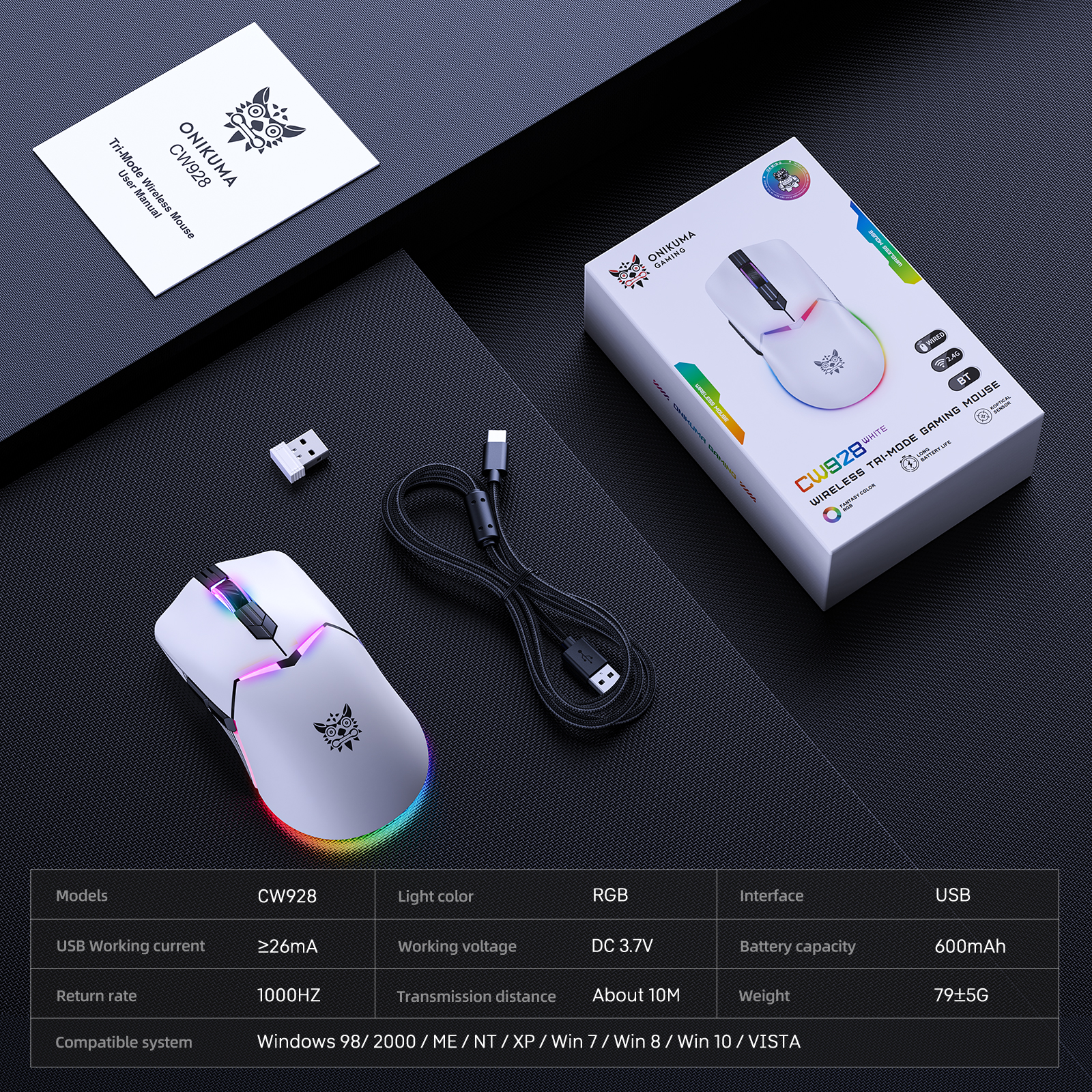 ONIKUMA CW928 Tri-Mode Wireless Gaming Mouse (2.4GHz / Bluetooth / Wired) with Multi-Zone RGB Lighting, Textured Grips, and Braided Cable for PC, Mac & Mobile (White) - Image 13