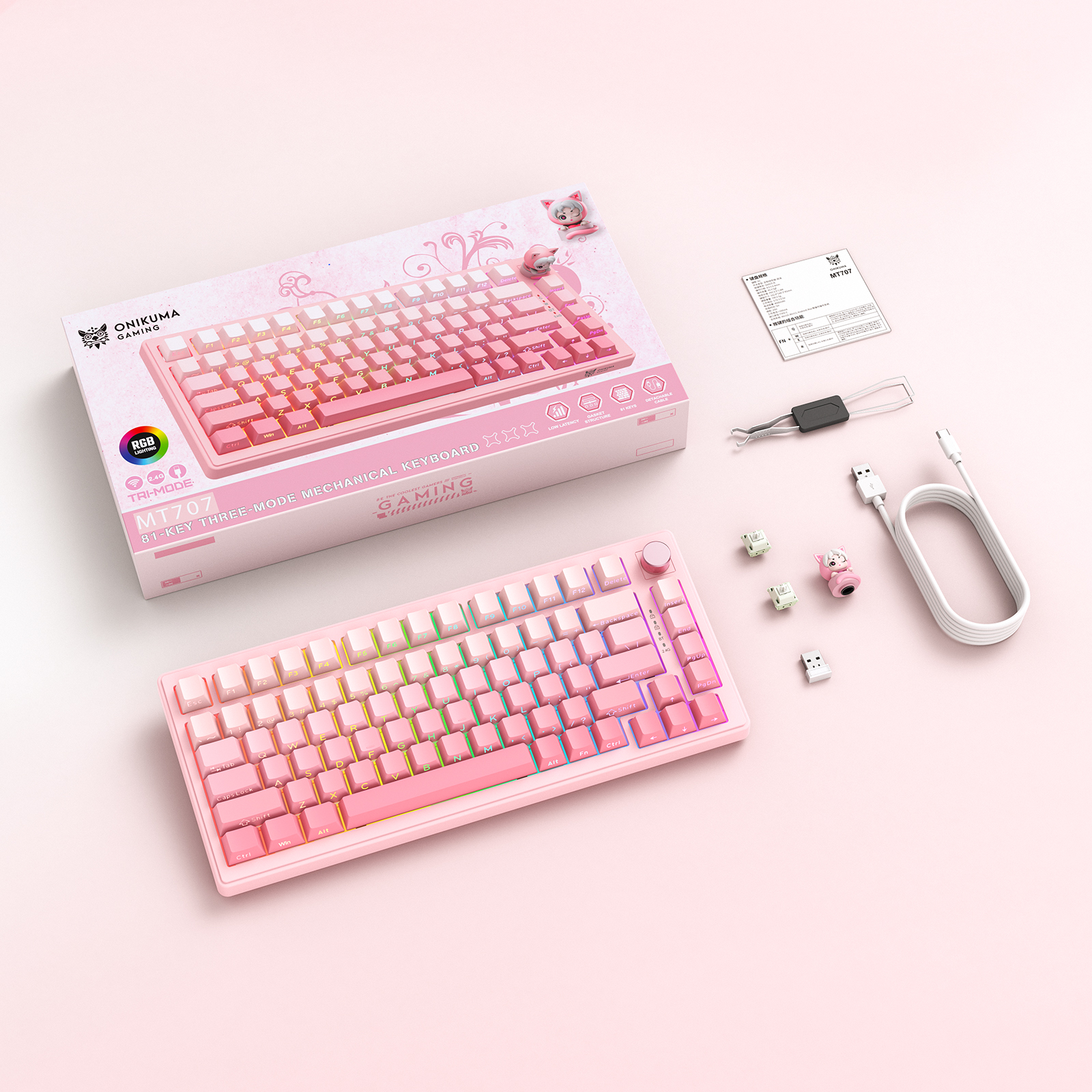 ONIKUMA MT707 Tri-Mode Wireless Mechanical Keyboard (2.4GHz / Bluetooth / Wired) with Kawaii Cat Head Rotary Knob, 75% Layout, and RGB Backlighting for PC & Mac (Pink/Purple/Yellow) - Image 6