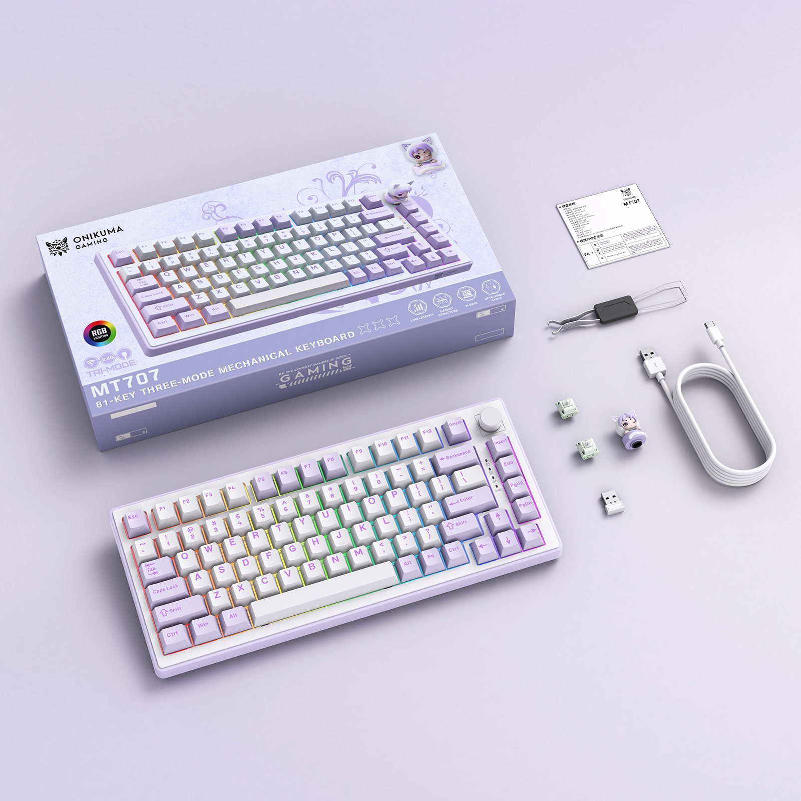 ONIKUMA MT707 Tri-Mode Wireless Mechanical Keyboard (2.4GHz / Bluetooth / Wired) with Kawaii Cat Head Rotary Knob, 75% Layout, and RGB Backlighting for PC & Mac (Pink/Purple/Yellow) - Image 15