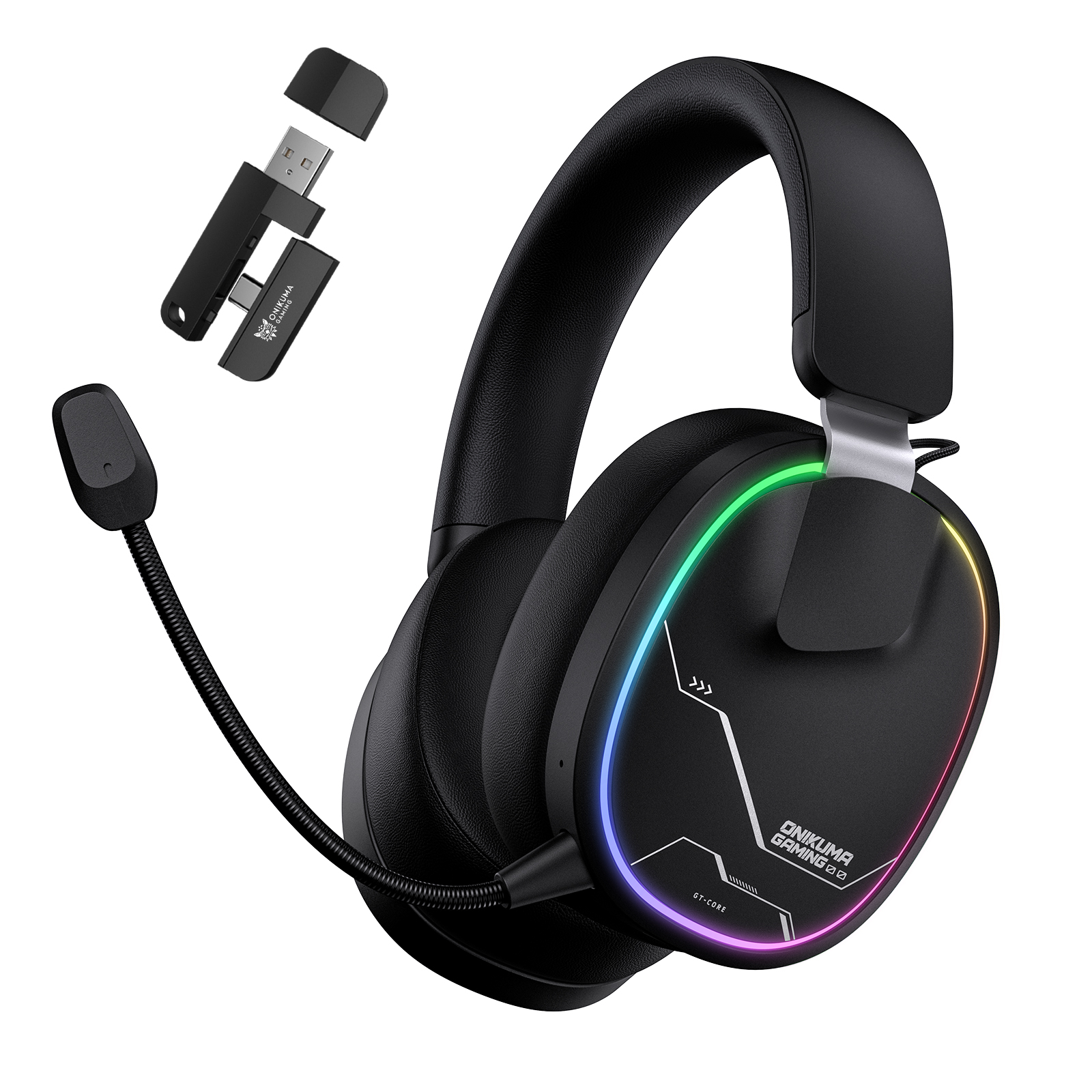 ONIKUMA GT836 Wireless Gaming Headset with Dynamic RGB Lighting, Noise-Isolating Boom Mic, and 2.4GHz Dual USB-A/Type-C Dongle for PC, PS5, Mac & Mobile (Black)