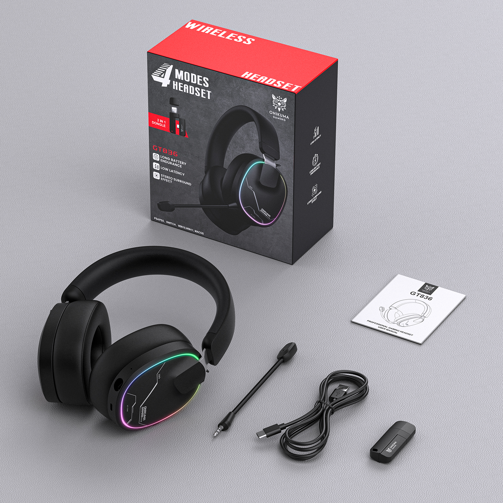 ONIKUMA GT836 Wireless Gaming Headset with Dynamic RGB Lighting, Noise-Isolating Boom Mic, and 2.4GHz Dual USB-A/Type-C Dongle for PC, PS5, Mac & Mobile (Black) - Image 5