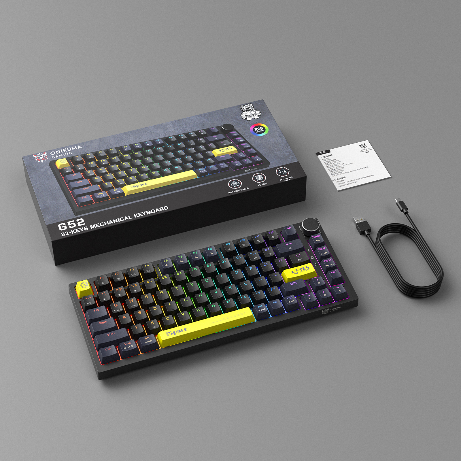 ONIKUMA G52 Wired RGB Mechanical Keyboard (2025 Upgrade Version) with Multimedia Knob, 75% Compact Layout, and Custom Yellow Accent Keycaps for PC & Mac (Black) - Image 6