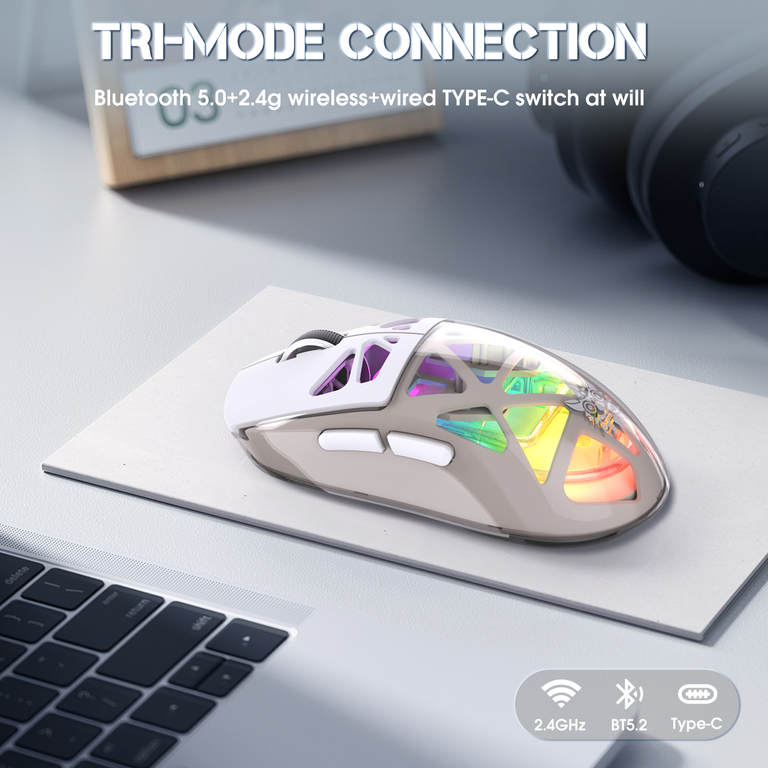 ONIKUMA CW930 Gaming Mouse with Transparent Crystal Shell, Internal Neon Tube RGB Lighting, and Ergonomic Grip for PC & Mac (Black/White) - Image 14