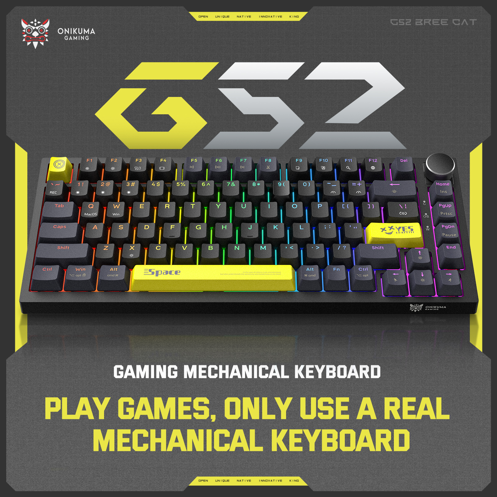 ONIKUMA G52 Wired RGB Mechanical Keyboard (2025 Upgrade Version) with Multimedia Knob, 75% Compact Layout, and Custom Yellow Accent Keycaps for PC & Mac (Black) - Image 9
