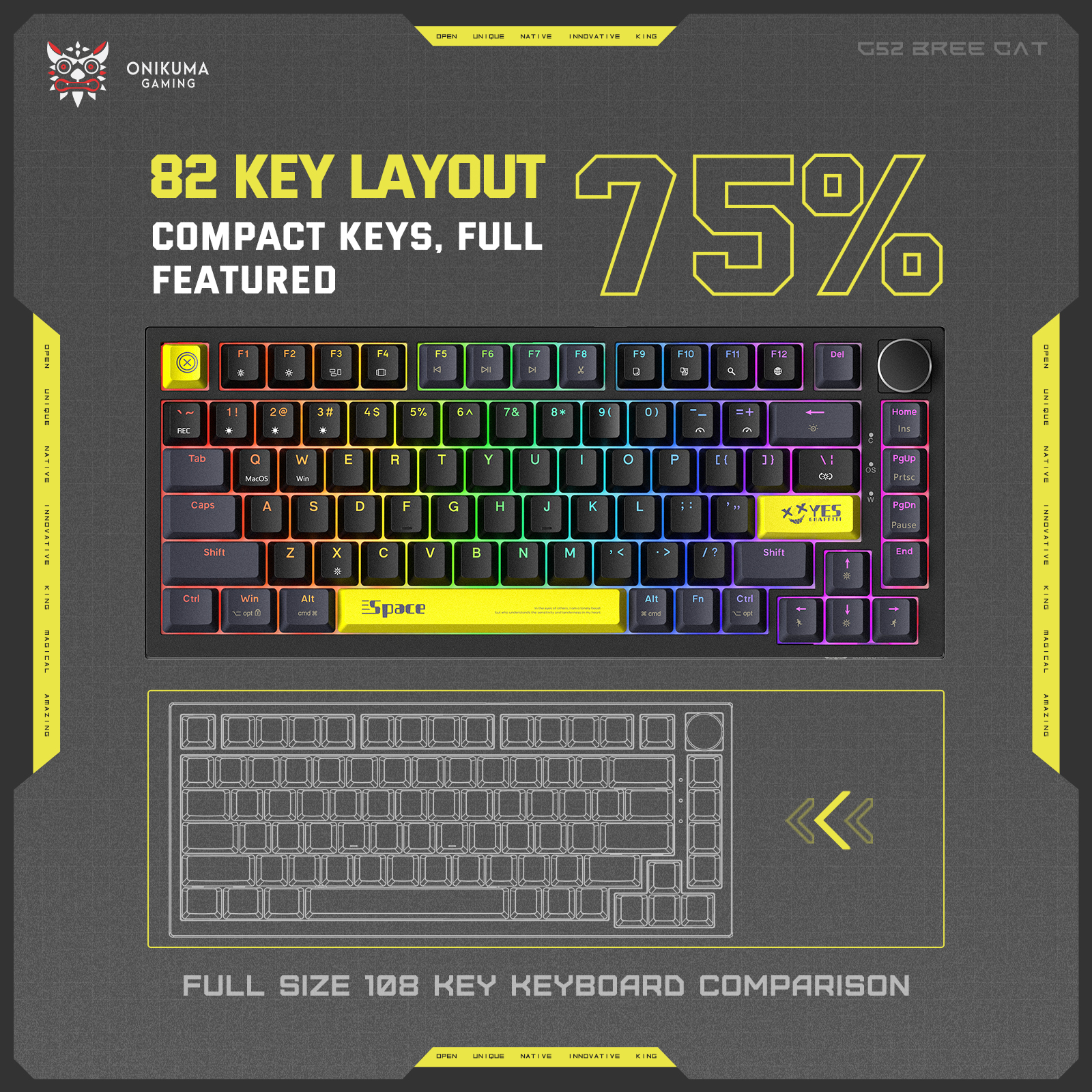 ONIKUMA G52 Wired RGB Mechanical Keyboard (2025 Upgrade Version) with Multimedia Knob, 75% Compact Layout, and Custom Yellow Accent Keycaps for PC & Mac (Black) - Image 10