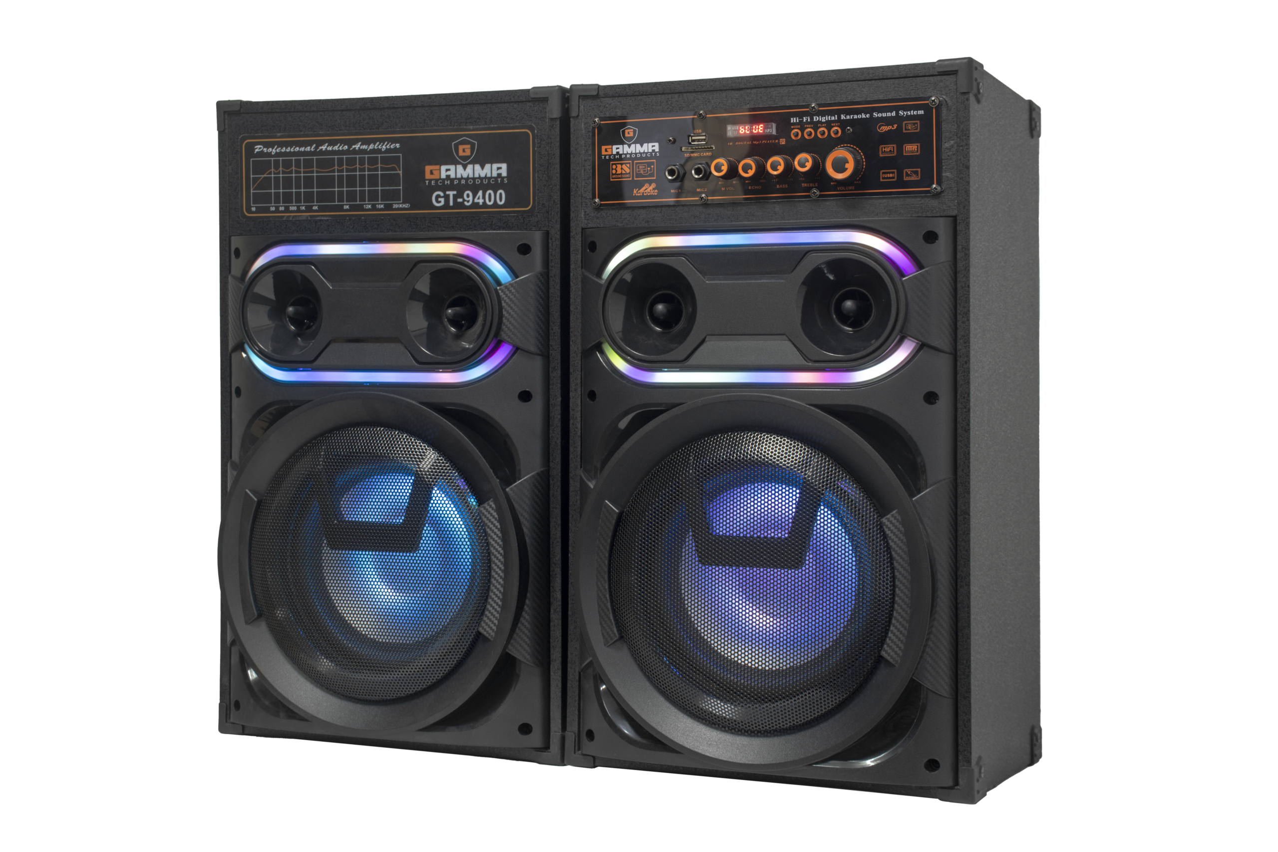 GAMMA GT-9400 Dual 9-Inch AC-Powered Sound System with Oval RGB Tweeter Halo and Karaoke Control Deck